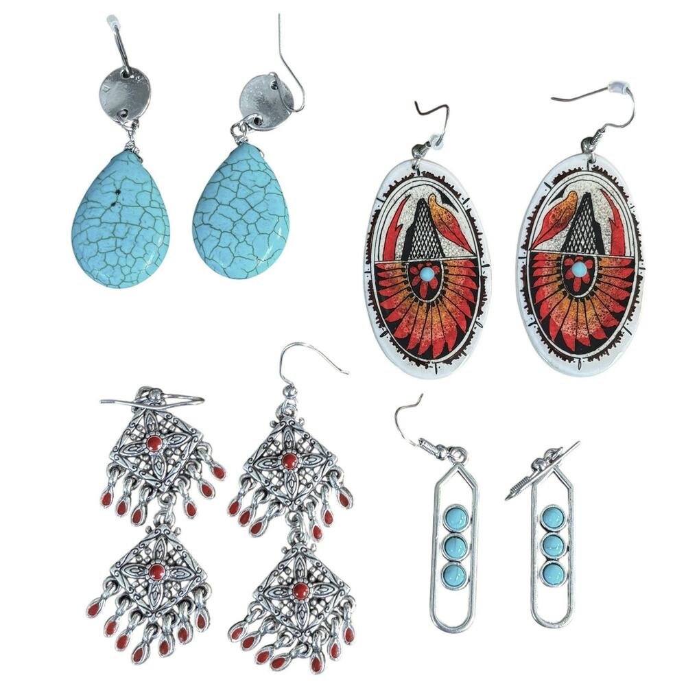 Lot of 4 Silver Tone Faux Turquoise Boho Southwestern Festival Dangle Earrings